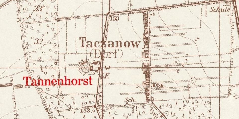 Mapa Taczanowa z 1940 roku z zaznaczoną leśniczówką