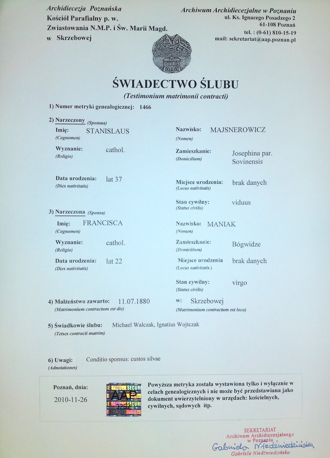 Świadectwo ślubu — Stanisław Majsnerowicz i Franciszka Maniak, 11 lipca 1880